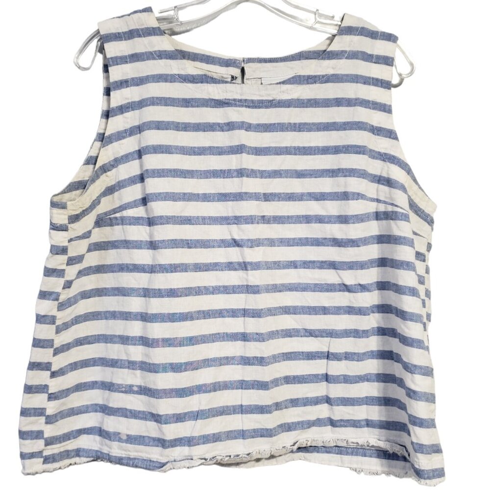 Liz Clairborne Linen Blend Tank Top XL Blue White Stripe Fringe Hemline Summer